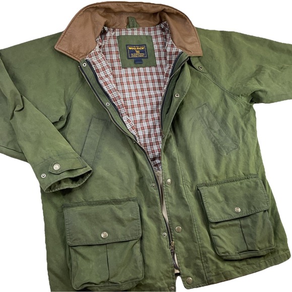 Vintage Woolrich Barn Coat Waxed Chore Jacket Leather Collar Green Lined Sz L